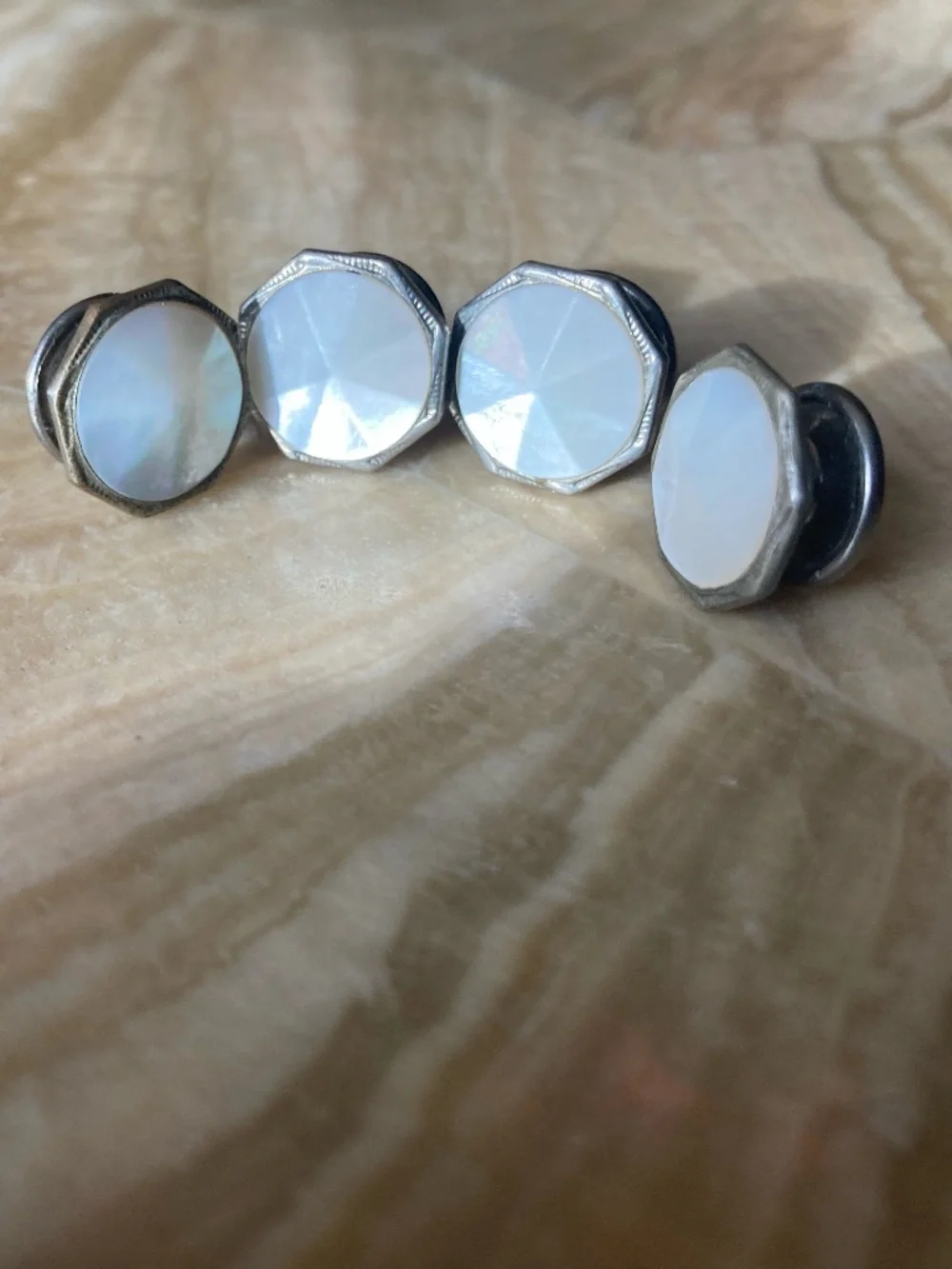 “Antique 1920s Snap Link Mother of Pearl Tuxedo Studs / Cufflink Components